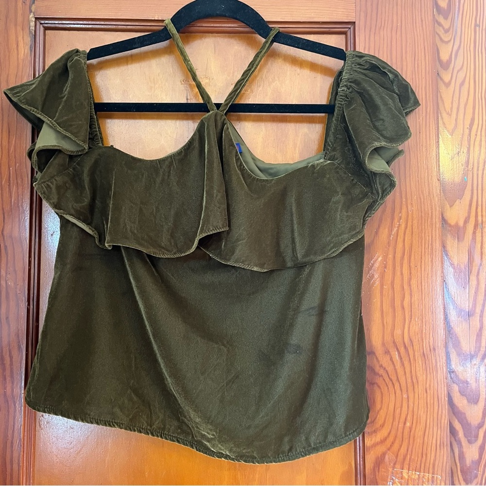 Olive Green Ruffle Velvet off the shoulder top